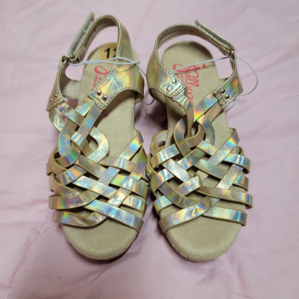 Girls 12 Jellypop Gold Holographic Wedge Sandals